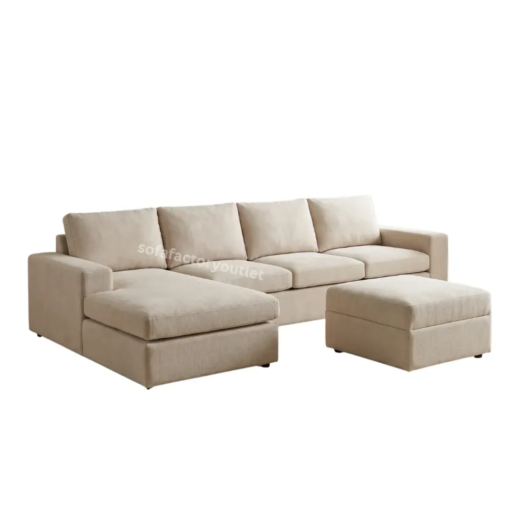 Beige corduroy L-shape sectional sofa with left chaise and matching square ottoman large family living room sofa set available at factory price in Colombo, Sri Lanka