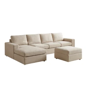 Beige corduroy L-shape sectional sofa with left chaise and matching square ottoman large family living room sofa set available at factory price in Colombo, Sri Lanka