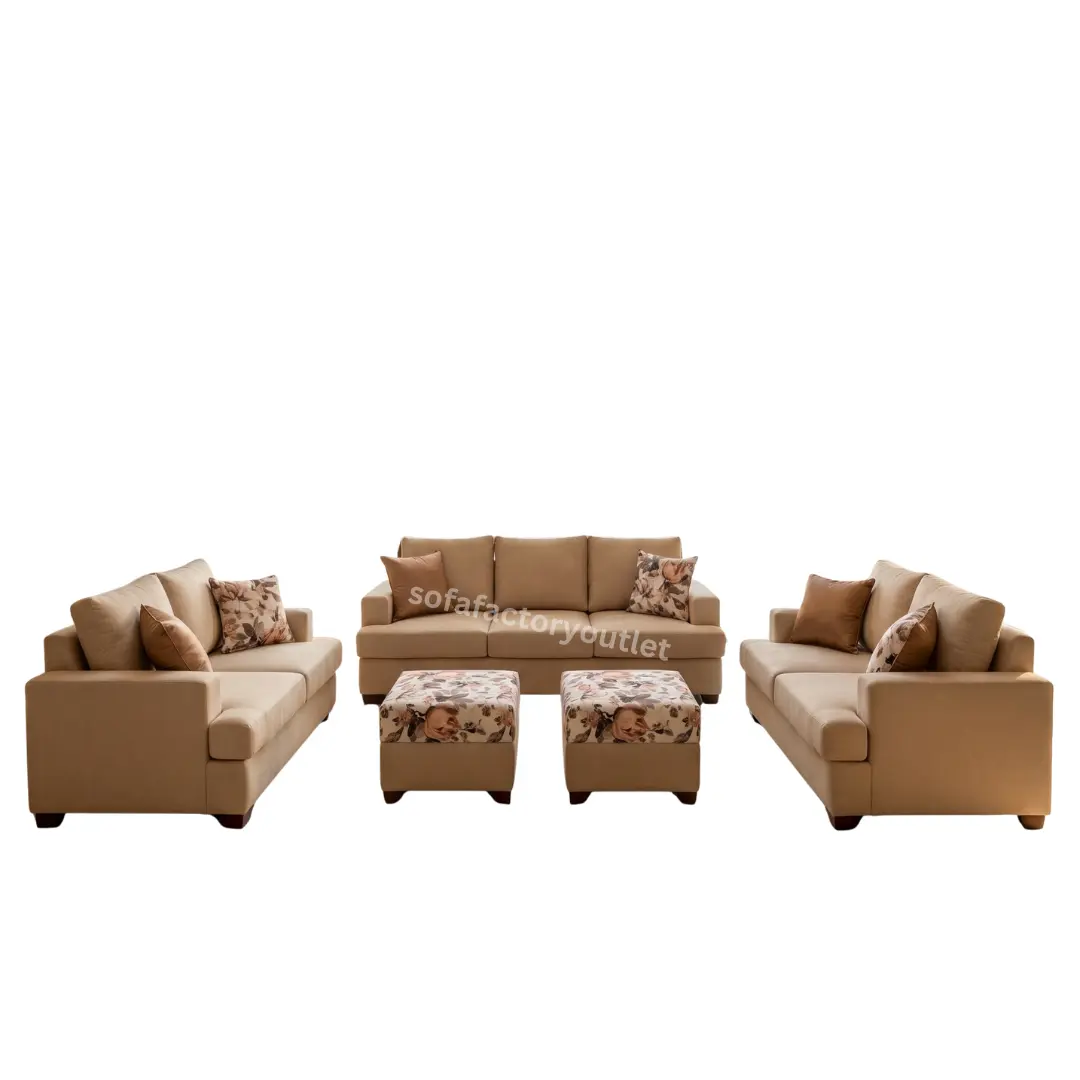 Beige Fabric Sofa Set with Ottomans | Living Room Furniture Sri Lanka Beige Fabric Sofa Set with Ottomans | Living Room Furniture Sri Lanka - Image 1