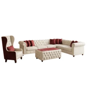 Cream button-tufted Chesterfield L-shape sofa set with burgundy wingback chair and matching tufted ottoman classic luxury living room furniture available in Colombo, Sri Lanka