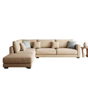 Cream L-shape sectional sofa with chaise and blue-grey scatter cushions modern corner sofa set for living rooms, available at factory price in Colombo, Sri Lanka