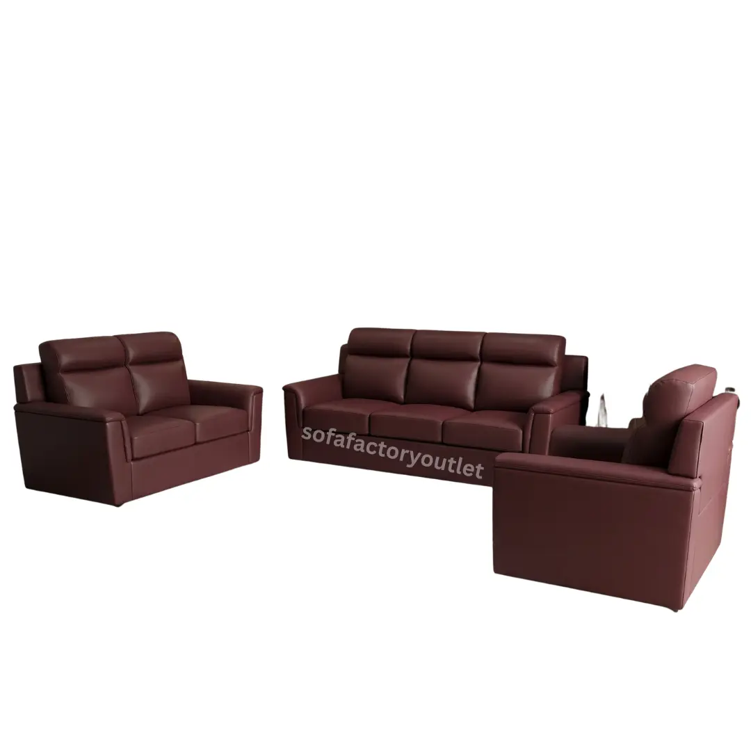 Maroon Leather Sofa Set 3+2+1 | Premium Furniture Colombo Dark maroon leather three-piece sofa set with headrest cushions including three-seater, two-seater, and single armchair durable living room furniture available at factory price in Colombo, Sri Lanka