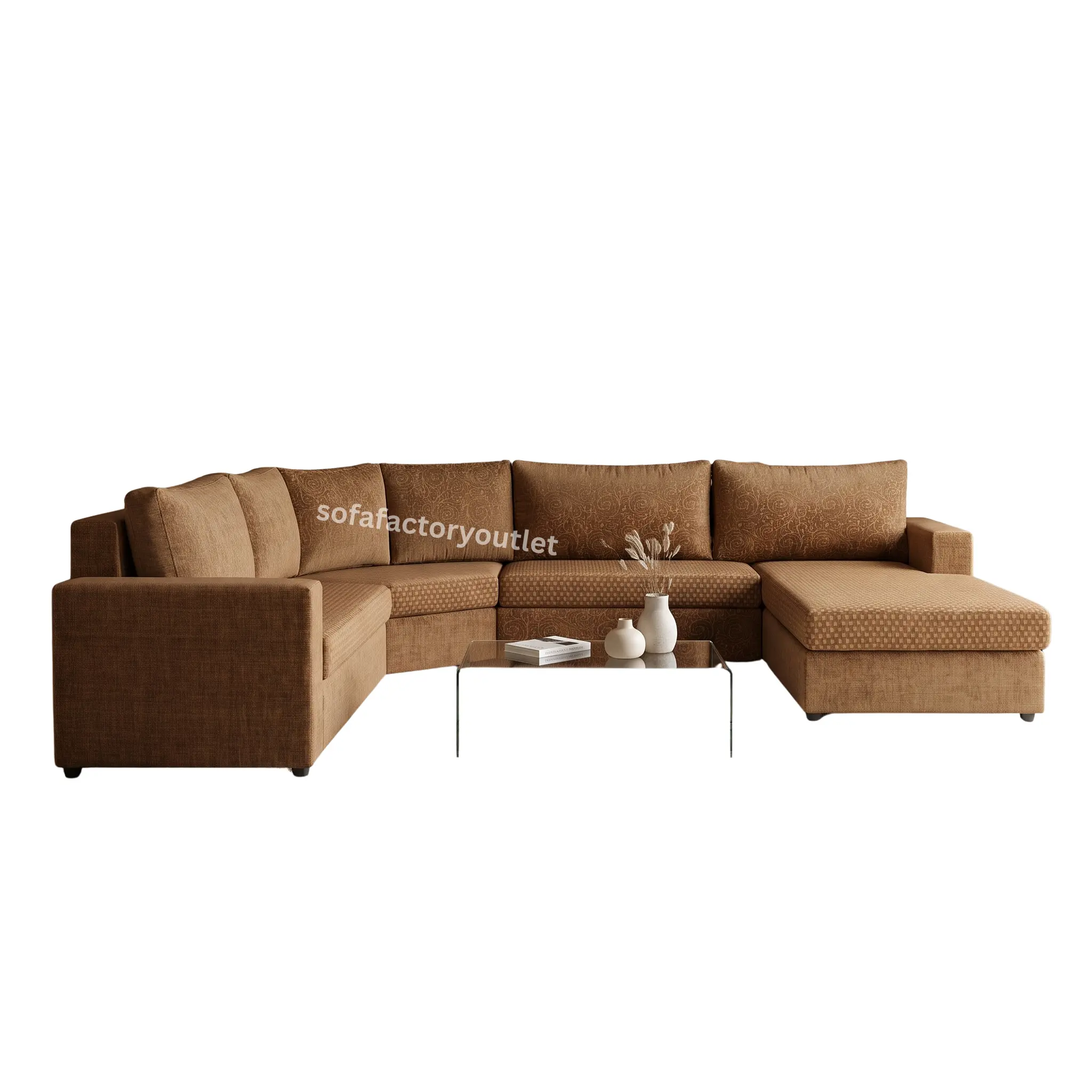 Premium Modular U-Shape Sofa in Burnt Orange Velvet by Sofa Factory Outlet Caramel brown U-shape modular sectional sofa with scroll-pattern cushions and chaise on both ends β large family living room sofa available at factory price in Colombo, Sri Lanka