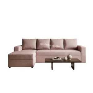 Dusty pink L-shape sectional sofa with chaise and plump back cushions in a modern living room setup — contemporary sofa available at factory price in Colombo, Sri Lanka