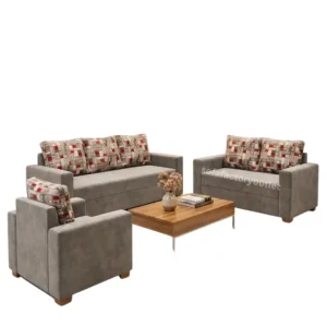 Grey suede-feel fabric three-piece sofa set with patchwork back cushions and matching wooden coffee table complete living room furniture set available at factory price in Colombo, Sri Lanka