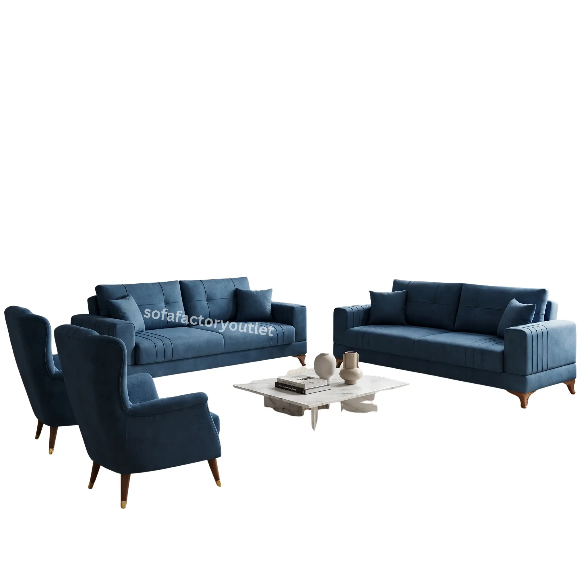 premium Sofa Collection — Royal Blue Velvet Set with Wing Chairs by Sofa Factory Outlet Caramel brown U-shape modular sectional sofa with scroll-pattern cushions and chaise on both ends — large family living room sofa available at factory price in Colombo, Sri Lanka