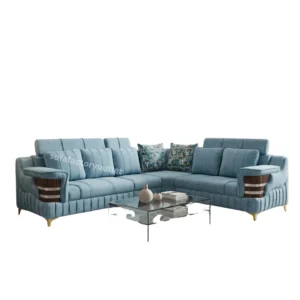 Luxury light blue L shape sectional sofa with gold legs and channel tufting for a modern Colombo living room.