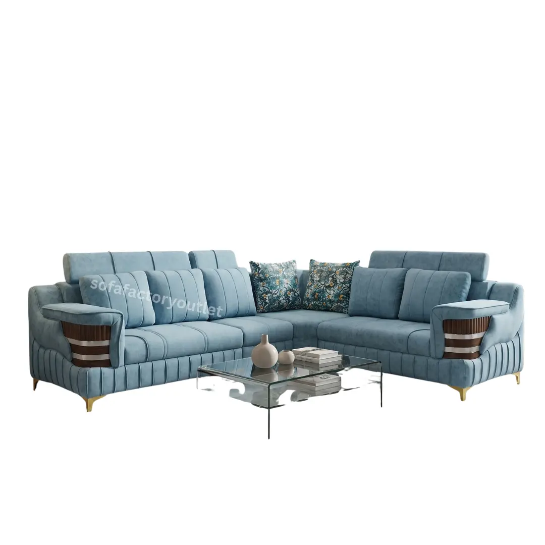 sofafactoryoutlet Luxury light blue L shape sectional sofa with gold legs and channel tufting for a modern Colombo living room.