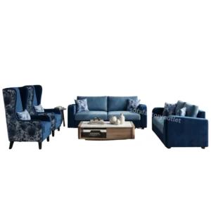 Luxury deep blue fabric 7 seater sofa set with two floral wingback armchairs for a living room showroom in Sri Lanka.