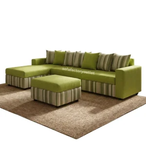 Lime green L-shape sectional sofa with striped base panels and matching ottoman, styled with scatter cushions on a jute rug — modern living room furniture available in Colombo, Sri Lanka