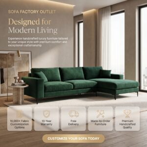 Modern luxury emerald green L-shape sectional sofa with throw pillows for living rooms in Colombo Sri Lanka